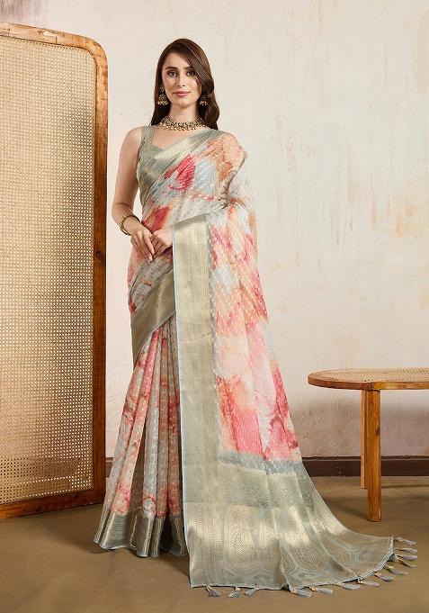 Beige Printed Viscose Saree Set
