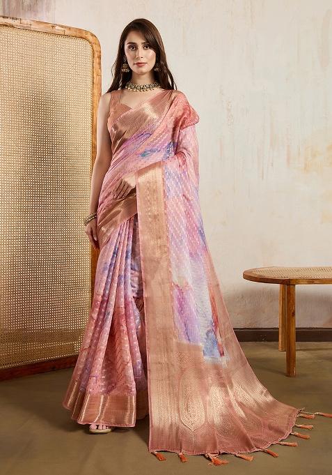 Peach Printed Viscose Saree Set