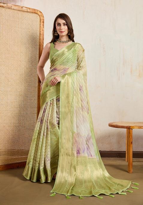 Green Printed Viscose Saree Set
