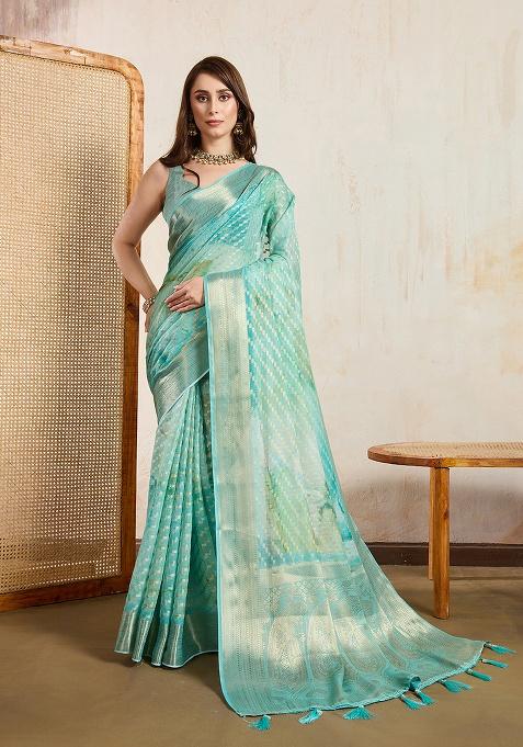 Green Printed Viscose Saree Set
