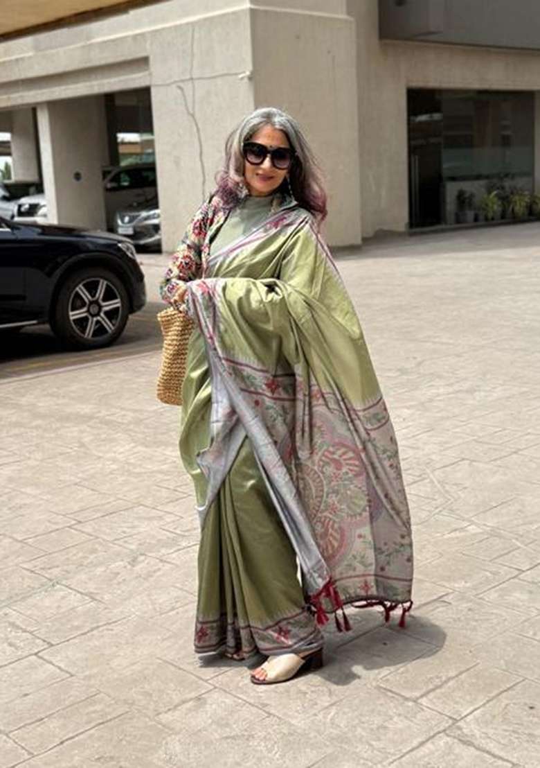 Grey Printed Silk Blend Saree Set for Diwali and Festive Wear - Indya
