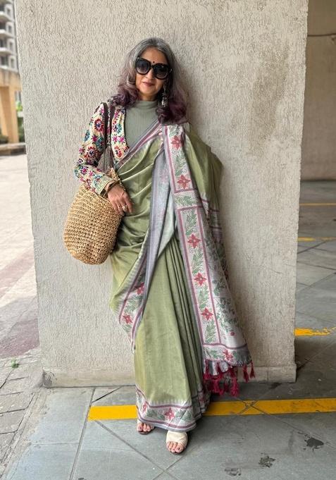 Grey Printed Silk Saree Set