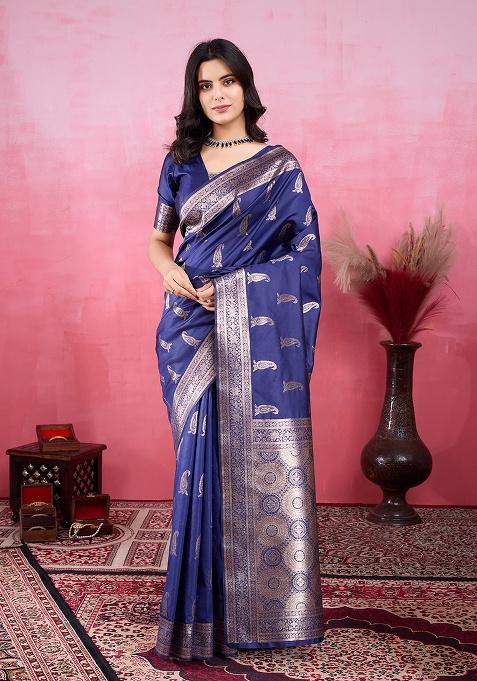 Blue Printed Silk Saree Set