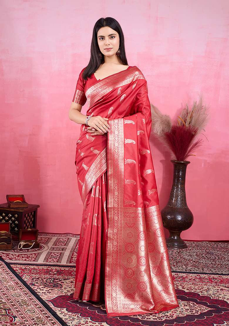 Red Silk Blend Saree Set with Printed for Diwali | Wedding & Festive Wear - Indya