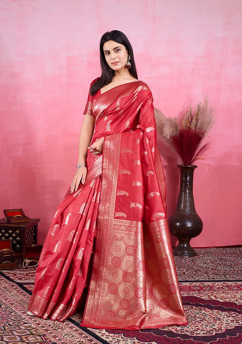Red Silk Blend Saree Set with Printed for Diwali | Wedding & Festive Wear - Indya
