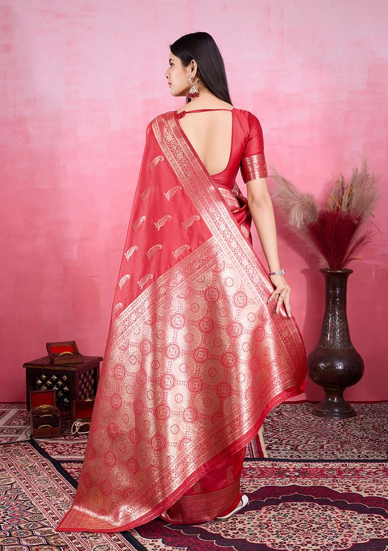 Red Silk Blend Saree Set with Printed for Diwali | Wedding & Festive Wear - Indya
