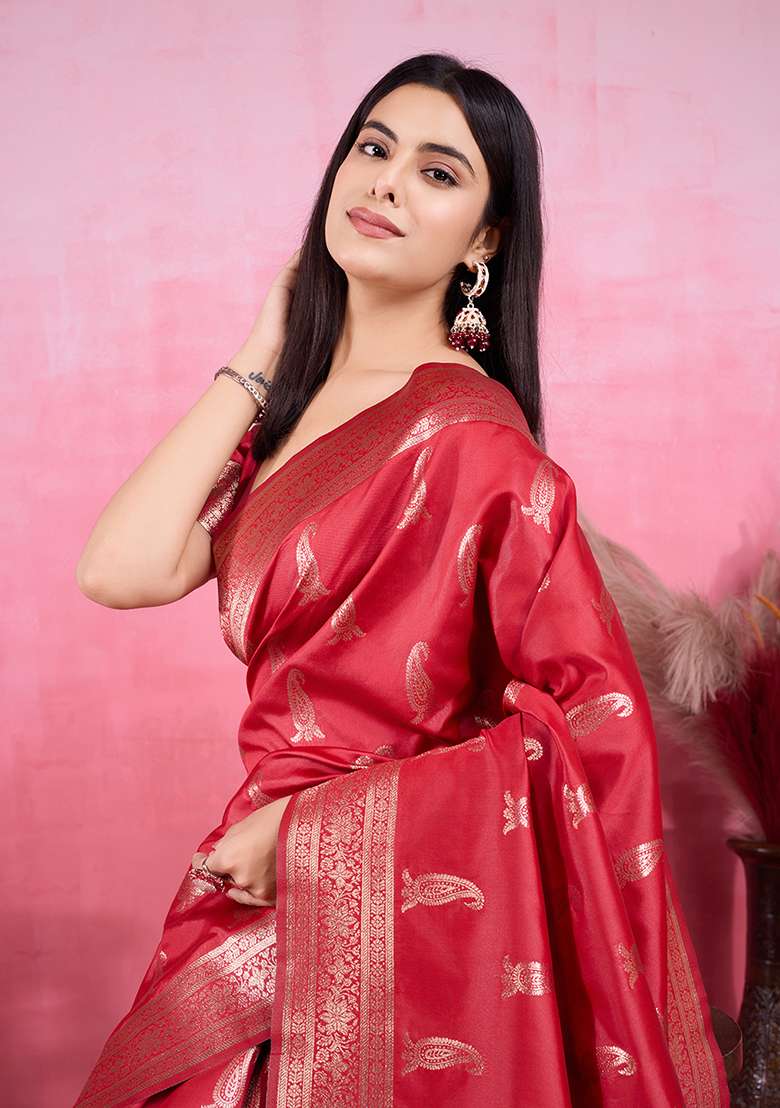 Red Silk Blend Saree Set with Printed for Diwali | Wedding & Festive Wear - Indya