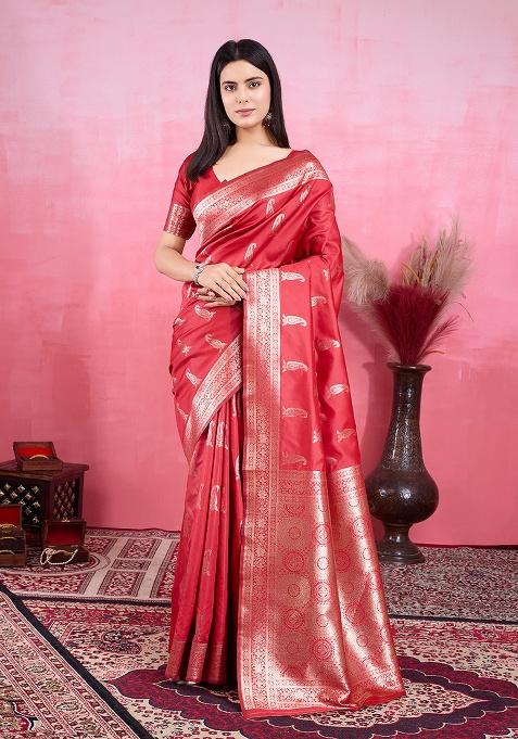 Red Printed Silk Saree Set