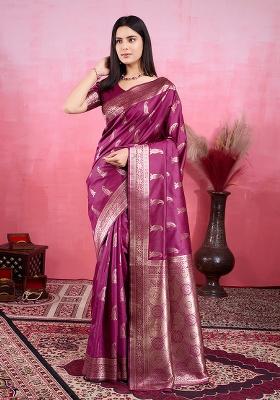 Wine Printed Silk Saree Set