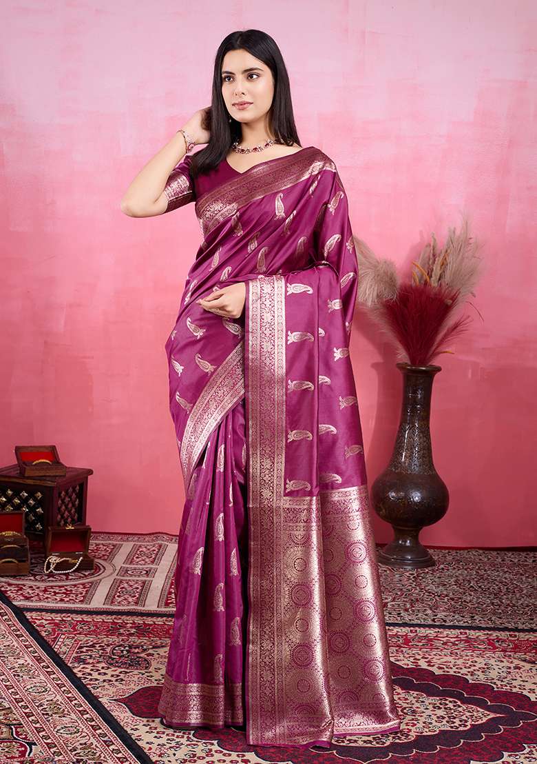 Wine Silk Blend Saree Set with Printed for Diwali | Wedding & Festive Wear - Indya