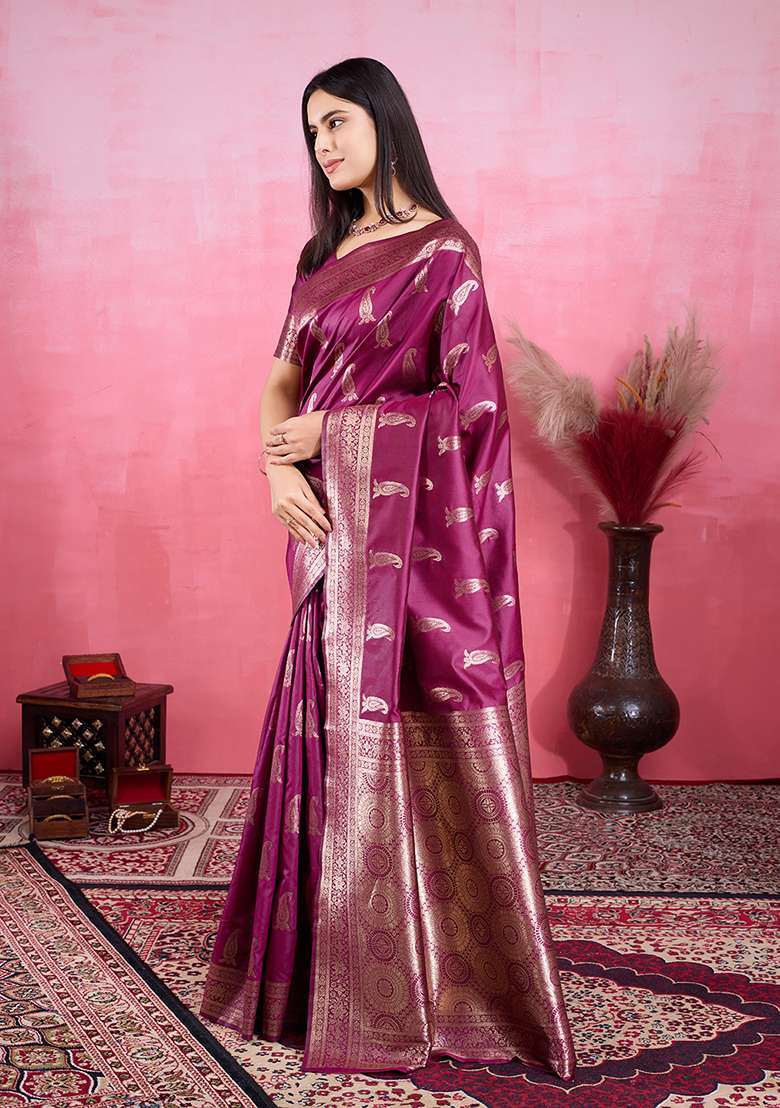 Wine Silk Blend Saree Set with Printed for Diwali | Wedding & Festive Wear - Indya