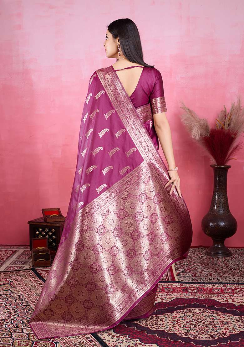 Wine Silk Blend Saree Set with Printed for Diwali | Wedding & Festive Wear - Indya