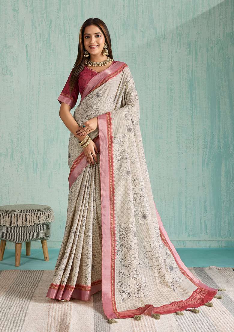 Beige Printed Silk Blend Saree Set for Diwali and Festive Wear - Indya