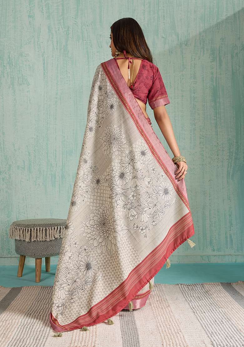 Beige Printed Silk Blend Saree Set for Diwali and Festive Wear - Indya