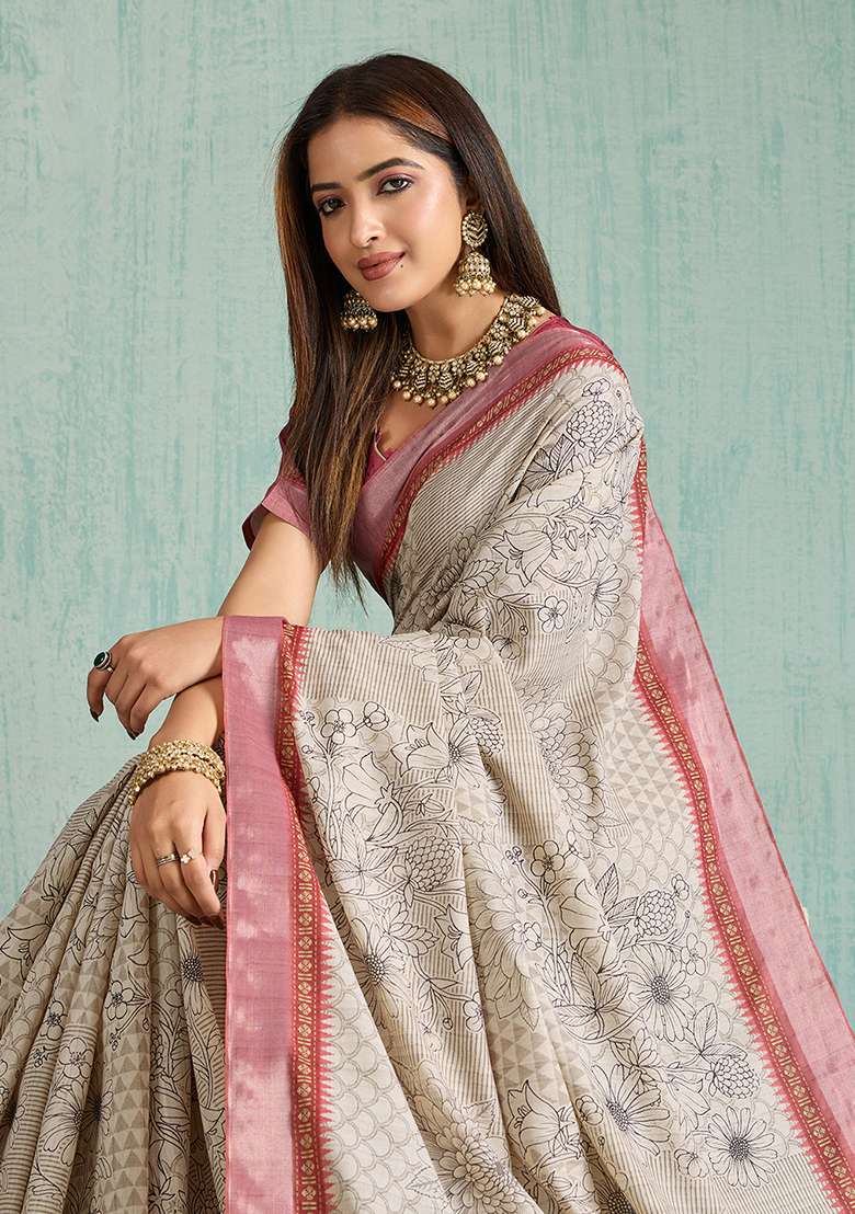 Beige Printed Silk Blend Saree Set for Diwali and Festive Wear - Indya