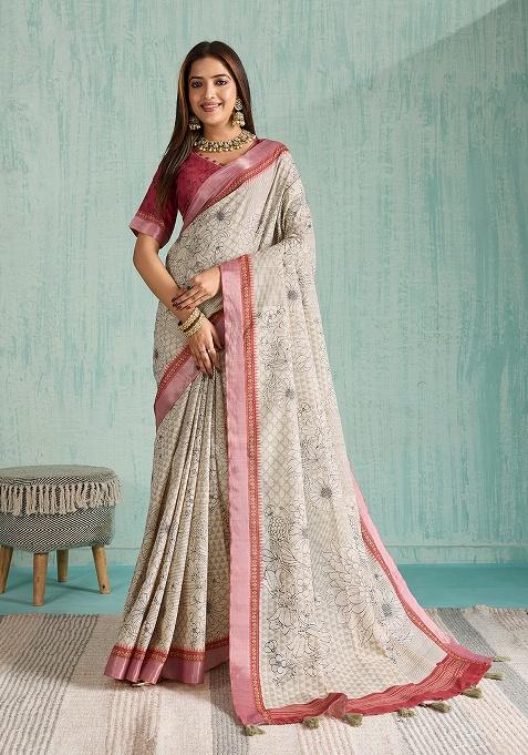 Beige Printed Silk Saree Set