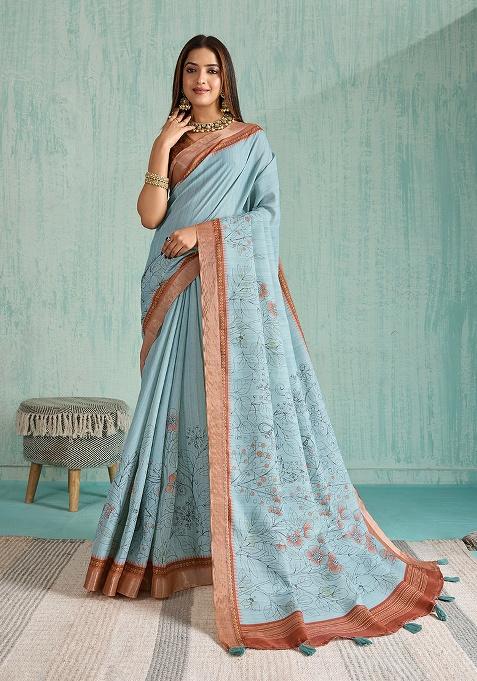 Blue Printed Silk Saree Set
