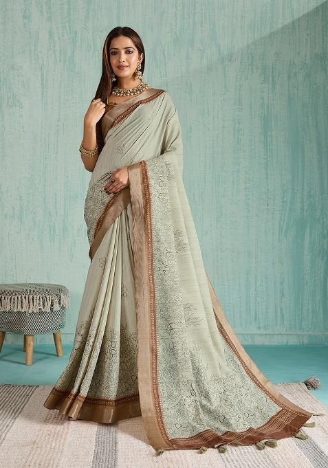 Green Printed Silk Saree Set