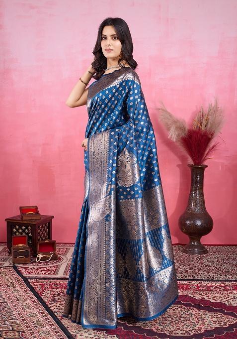 Blue Zari Work Silk Saree Set