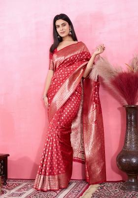 Red Zari Work Silk Saree Set