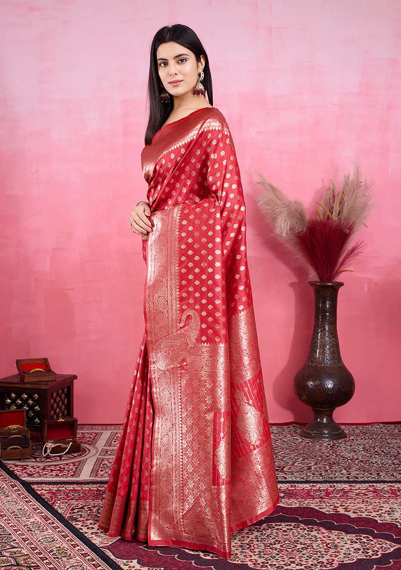 Red Silk Blend Saree Set with Zari Work for Diwali | Wedding & Festive Wear - Indya