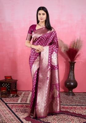Wine Zari Work Silk Saree Set
