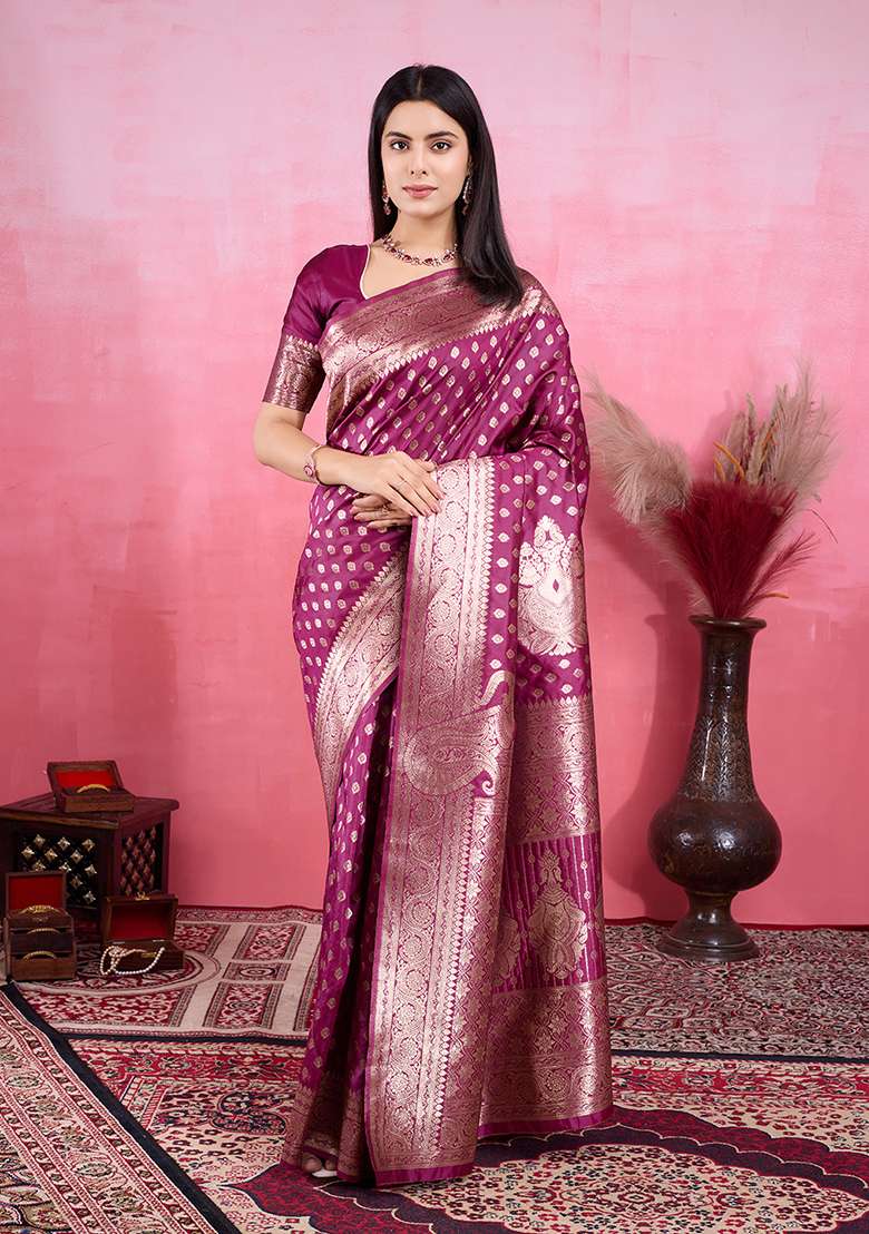 Wine Silk Blend Saree Set with Zari Work for Diwali | Wedding & Festive Wear - Indya