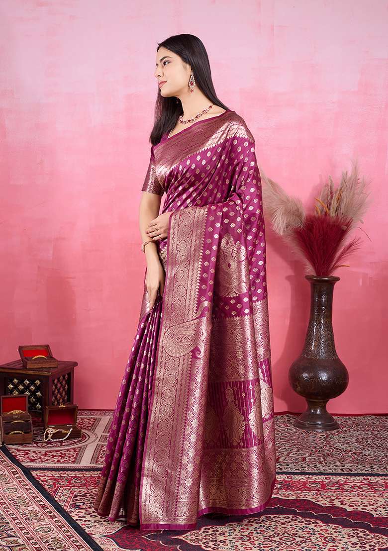 Wine Silk Blend Saree Set with Zari Work for Diwali | Wedding & Festive Wear - Indya
