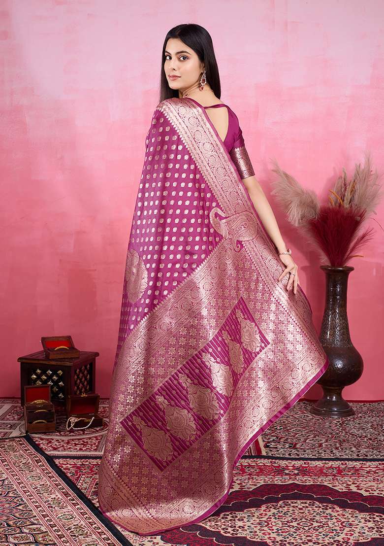 Wine Silk Blend Saree Set with Zari Work for Diwali | Wedding & Festive Wear - Indya