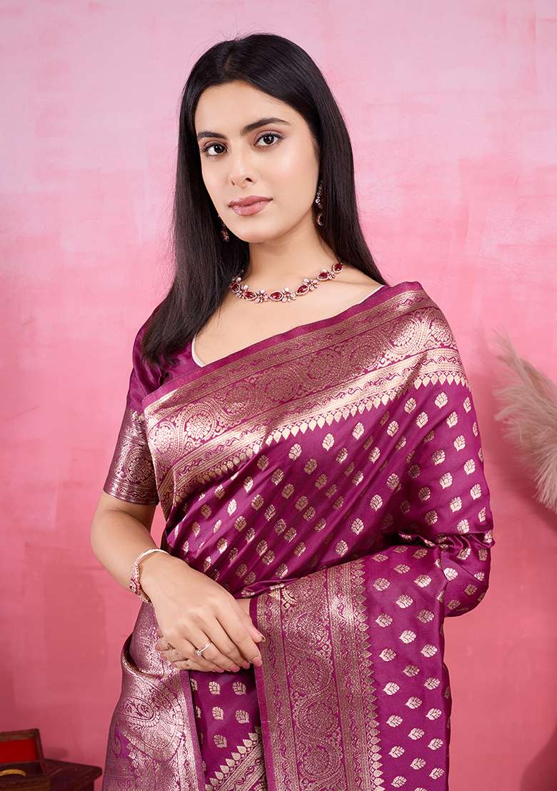 Wine Silk Blend Saree Set with Zari Work for Diwali | Wedding & Festive Wear - Indya