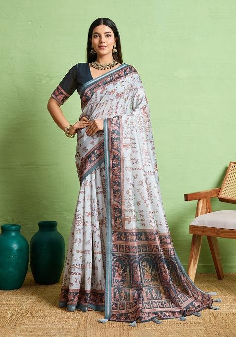 Grey Zari Work Silk Saree Set