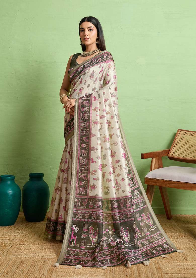 Beige Silk Blend Saree Set with Zari Work for Diwali | Wedding & Festive Wear - Indya