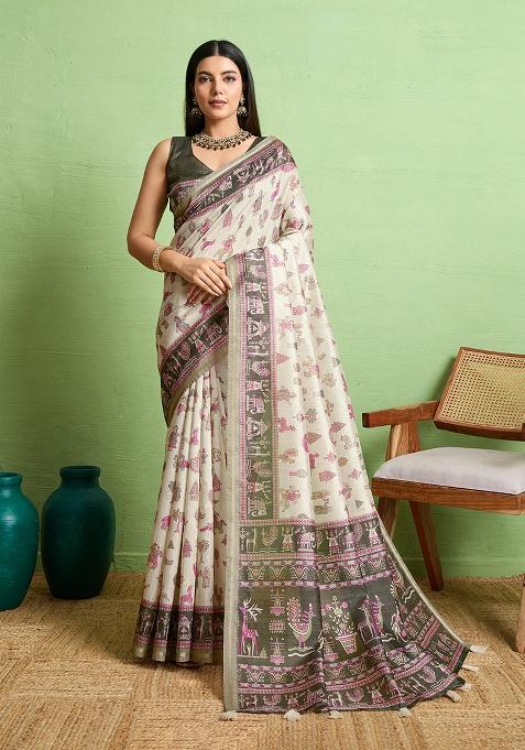 Beige Zari Work Silk Saree Set