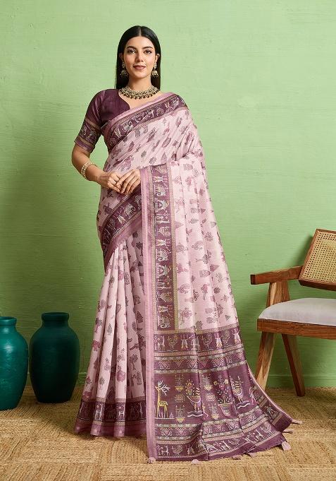 Pink Zari Work Silk Saree Set