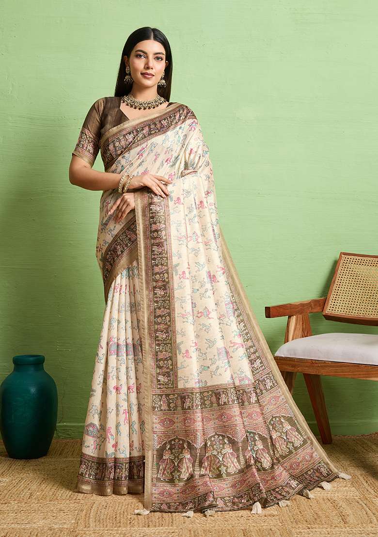 Beige Silk Blend Saree Set with Zari Work for Diwali | Wedding & Festive Wear - Indya