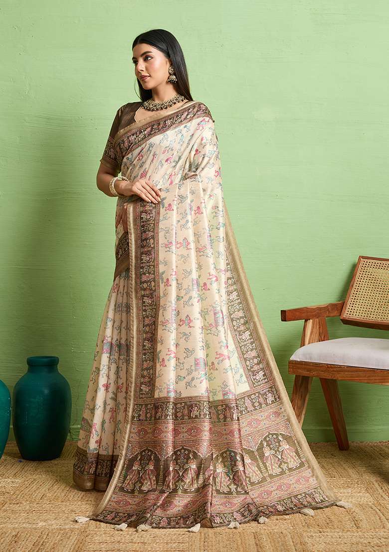 Beige Silk Blend Saree Set with Zari Work for Diwali | Wedding & Festive Wear - Indya