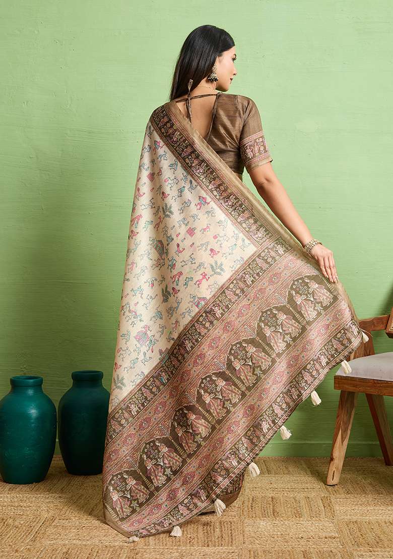 Beige Silk Blend Saree Set with Zari Work for Diwali | Wedding & Festive Wear - Indya