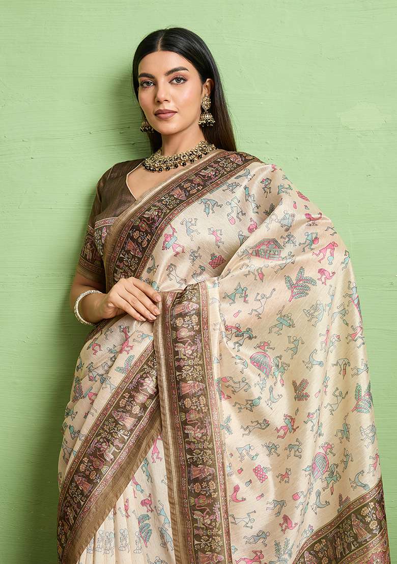 Beige Silk Blend Saree Set with Zari Work for Diwali | Wedding & Festive Wear - Indya