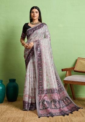 Grey Zari Work Silk Saree Set