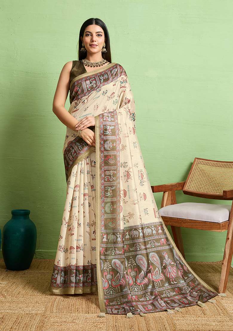 Beige Silk Blend Saree Set with Zari Work for Diwali | Wedding & Festive Wear - Indya
