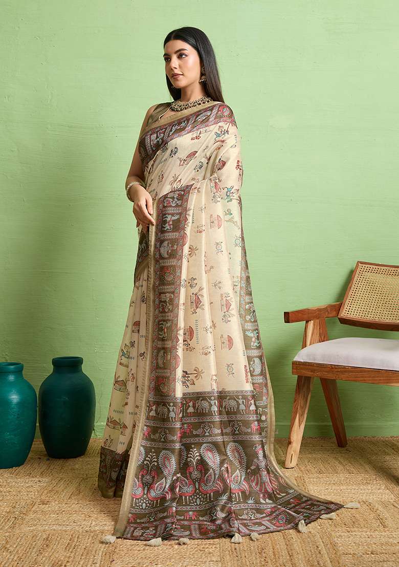 Beige Silk Blend Saree Set with Zari Work for Diwali | Wedding & Festive Wear - Indya