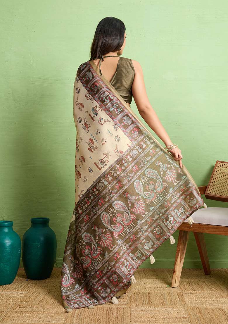 Beige Silk Blend Saree Set with Zari Work for Diwali | Wedding & Festive Wear - Indya
