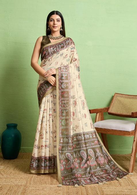 Beige Zari Work Silk Saree Set