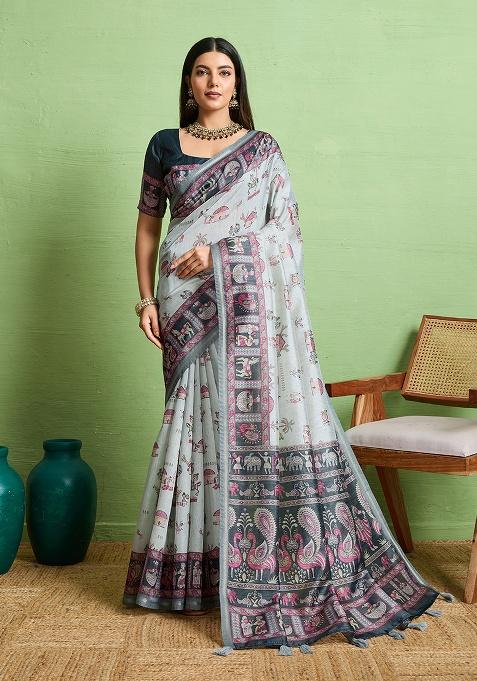Grey Zari Work Silk Saree Set