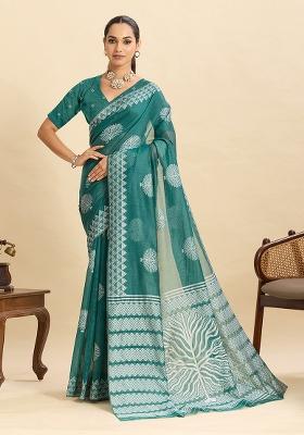 Blue Weaving Silk Blend Saree Set