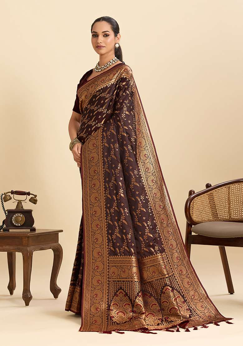 Wine Zari Work Satin Saree Set for Diwali and Festive Wear - Indya