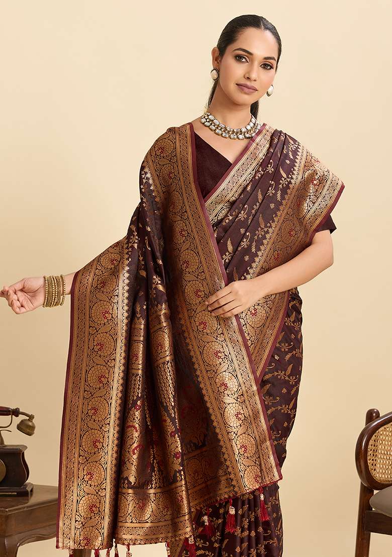 Wine Zari Work Satin Saree Set for Diwali and Festive Wear - Indya