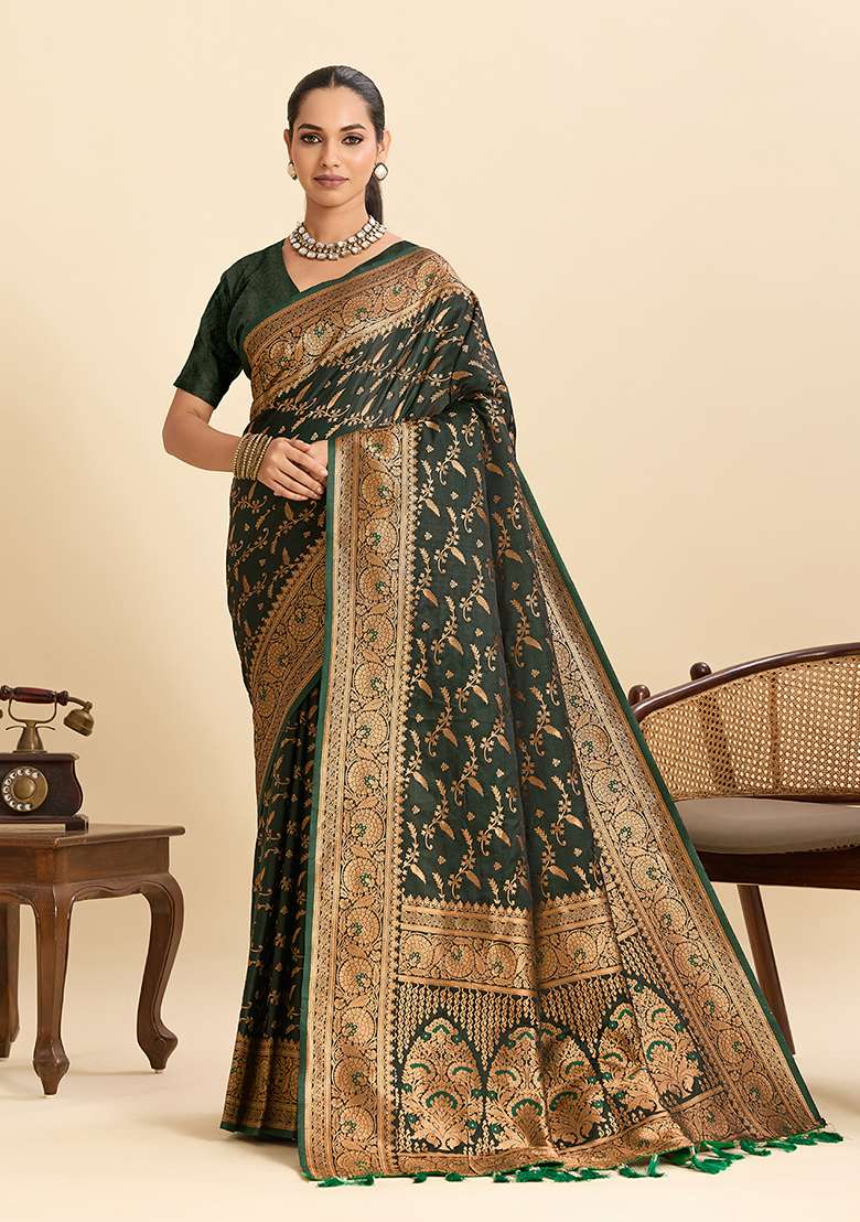 Green Satin Saree Set with Zari Work for Diwali | Wedding & Festive Wear - Indya