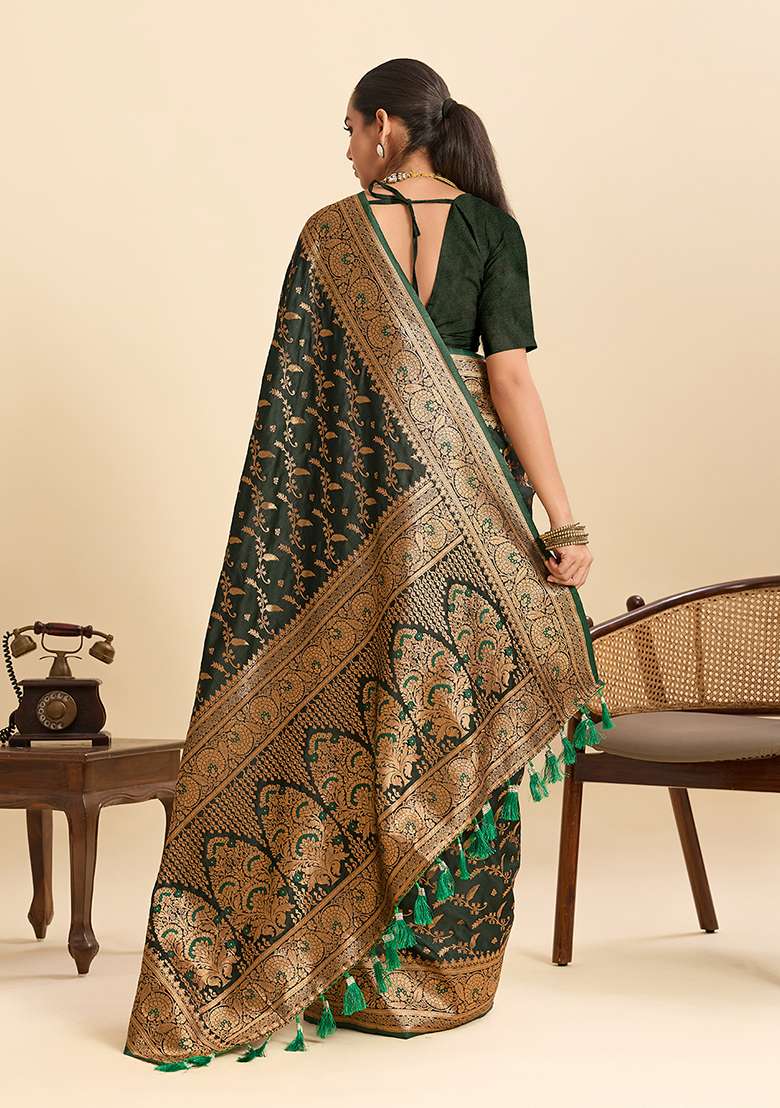 Green Satin Saree Set with Zari Work for Diwali | Wedding & Festive Wear - Indya