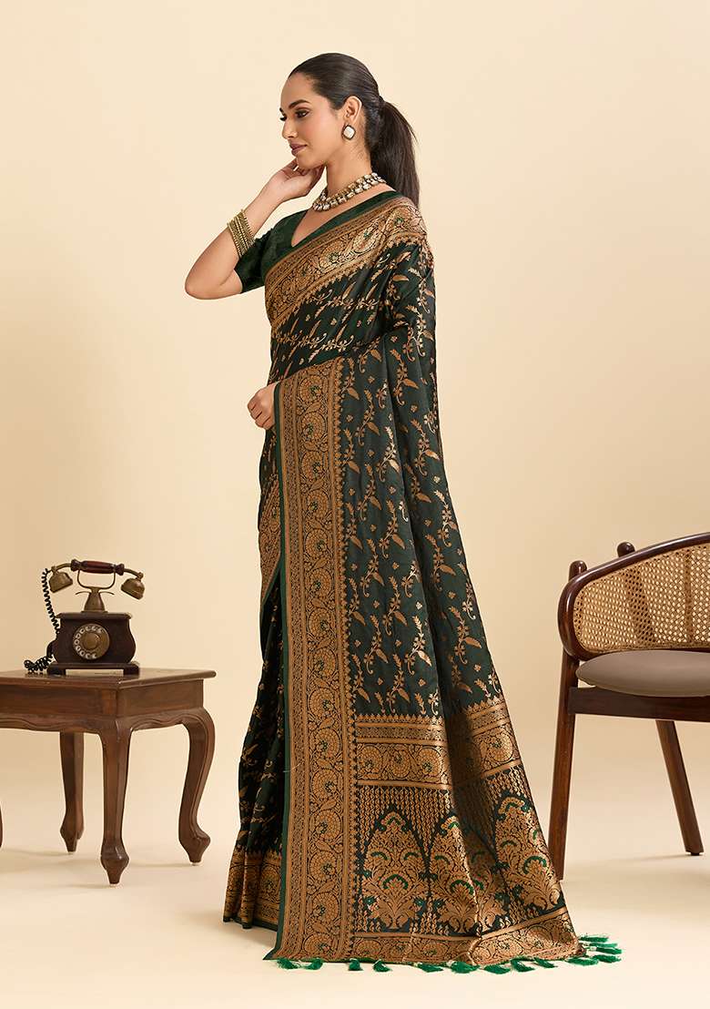 Green Satin Saree Set with Zari Work for Diwali | Wedding & Festive Wear - Indya